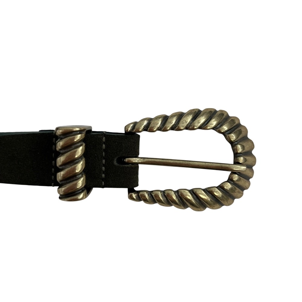Caroll‎ Dark Green Suede Leather Western Belt Brass Gold Shell Buckle 44" Length - Picture 2 of 7